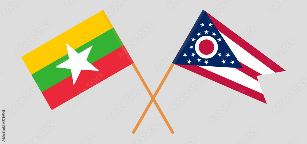 Crossed flags of Myanmar and the State of Ohio. Official colors. Correct proportion Crossed flags of Myanmar and the State of Ohio. Official colors. Correct proportion