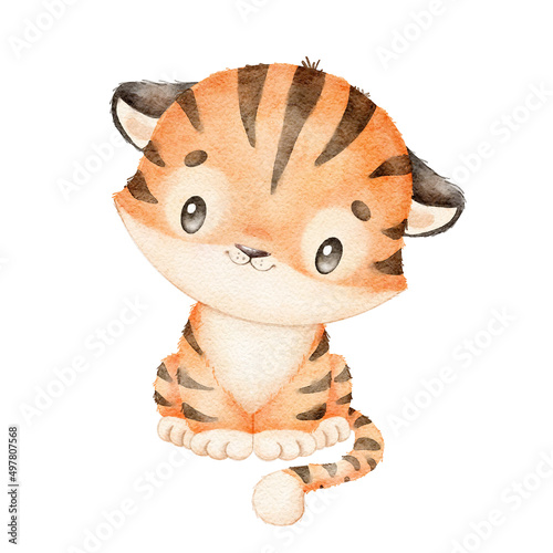 Digitally drawn illustration of a cute cartoon tiger isolated on a white background. Little cute watercolor animals.