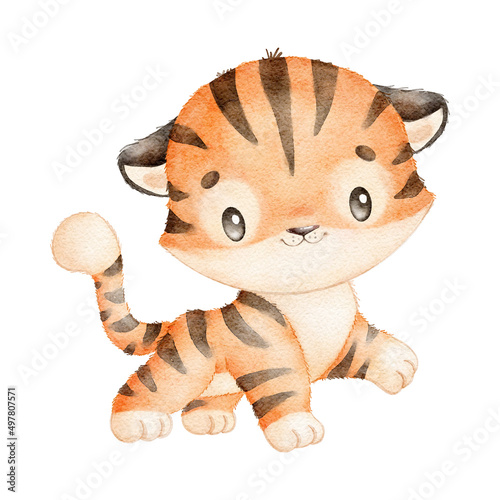 Digital watercolor. Digitally drawn illustration of a cute cartoon tiger isolated on a white background. Little cute watercolor animals. © Bonbonny