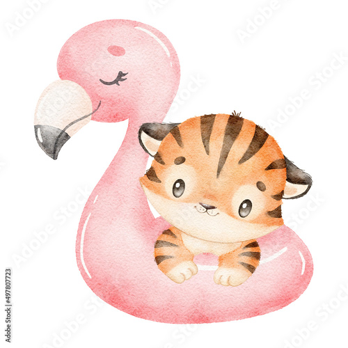 Digital watercolor. Digitally drawn illustration of a cute cartoon tiger isolated on a white background. Little cute watercolor animals.