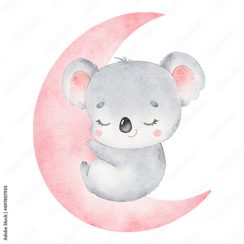 Digital watercolor. Digitally drawn illustration of cute cartoon koala  sleeping isolated on white background. Little cute watercolor animals.  Stock Illustration | Adobe Stock
