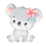 Digital watercolor. Digitally drawn illustration of a cute cartoon koala isolated on a white background. Little cute watercolor animals.