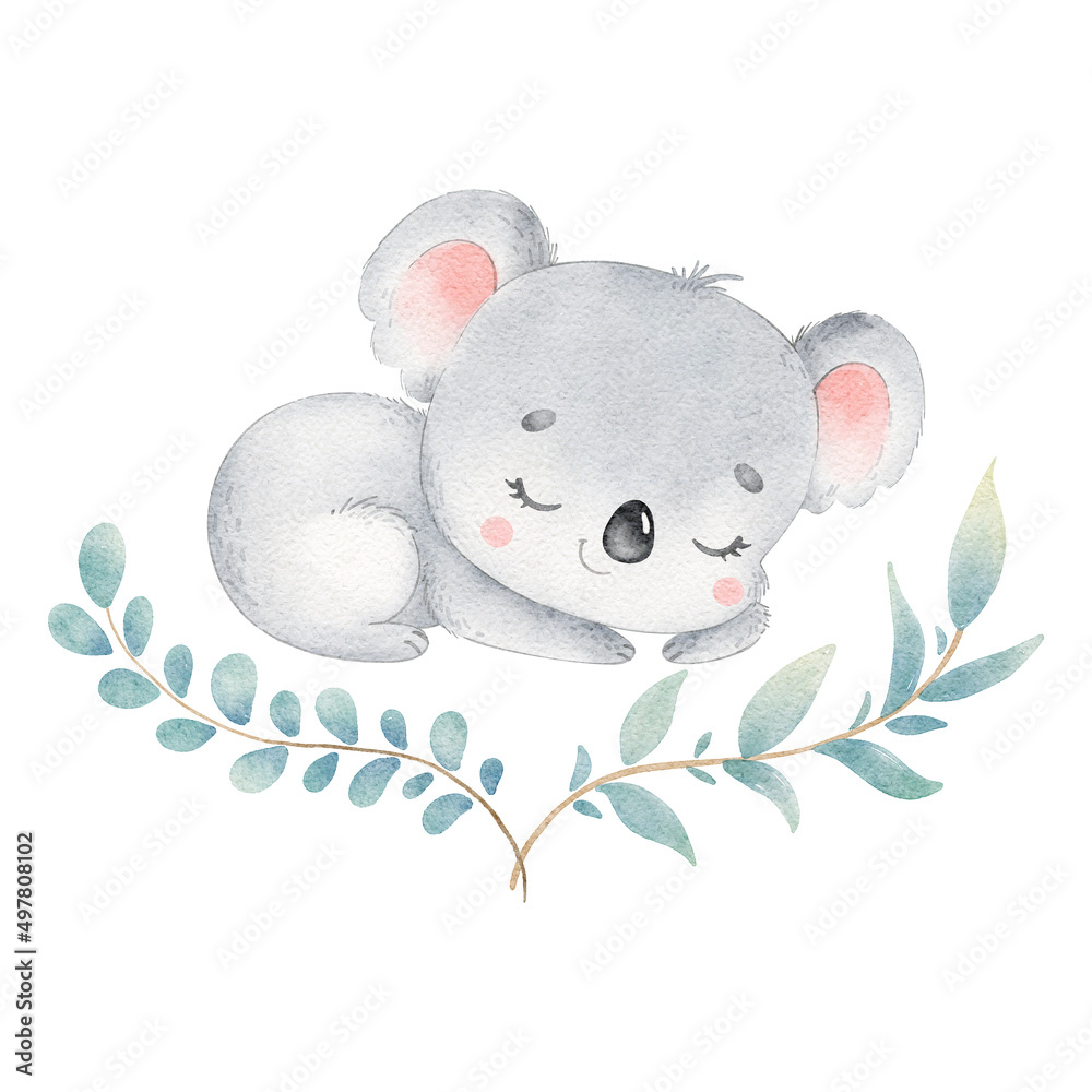 Digital watercolor. Digitally drawn illustration of cute cartoon koala sleeping isolated on white background. Little cute watercolor animals. Stock Illustration | Adobe Stock Digital watercolor. Digitally drawn illustration of cute cartoon koala sleeping isolated on white background. Little cute watercolor animals. Stock Illustration | Adobe Stock
