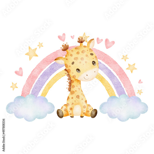 Digital watercolor. Digitally drawn illustration of a cute cartoon giraffe with rainbow. Cute tropical animals.