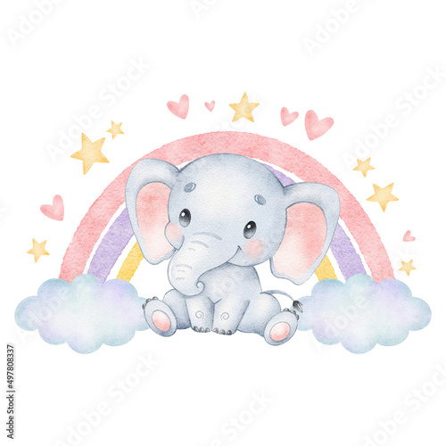 Digital watercolor. Digitally drawn illustration of a cute cartoon elephant with rainbow. Cute tropical animals.