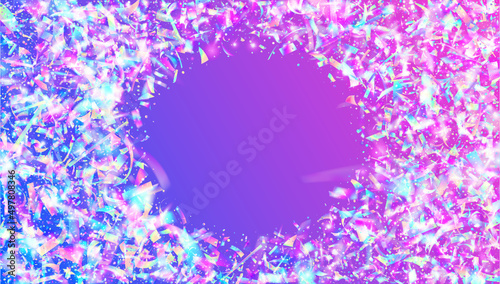 Transparent Sparkles. Retro Banner. Glamour Art. Bokeh Effect. Fiesta Foil. Holographic Tinsel. Blue Blur Texture. Disco Realistic Illustration. Purple Transparent Sparkles