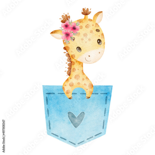 Digital watercolor. Digitally drawn illustration of a cute cartoon giraffe. Cute tropical animals.
