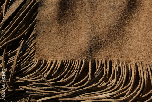Western industry leather background shows armitas leather with fringe.