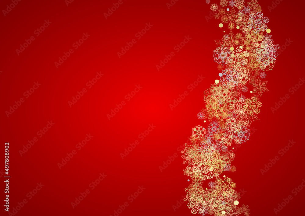 Christmas snow on red background. Glitter frame for winter banners, gift coupon, voucher, ads, party event. Santa Claus colors with golden Christmas snow. Horizontal falling snowflakes for holiday.