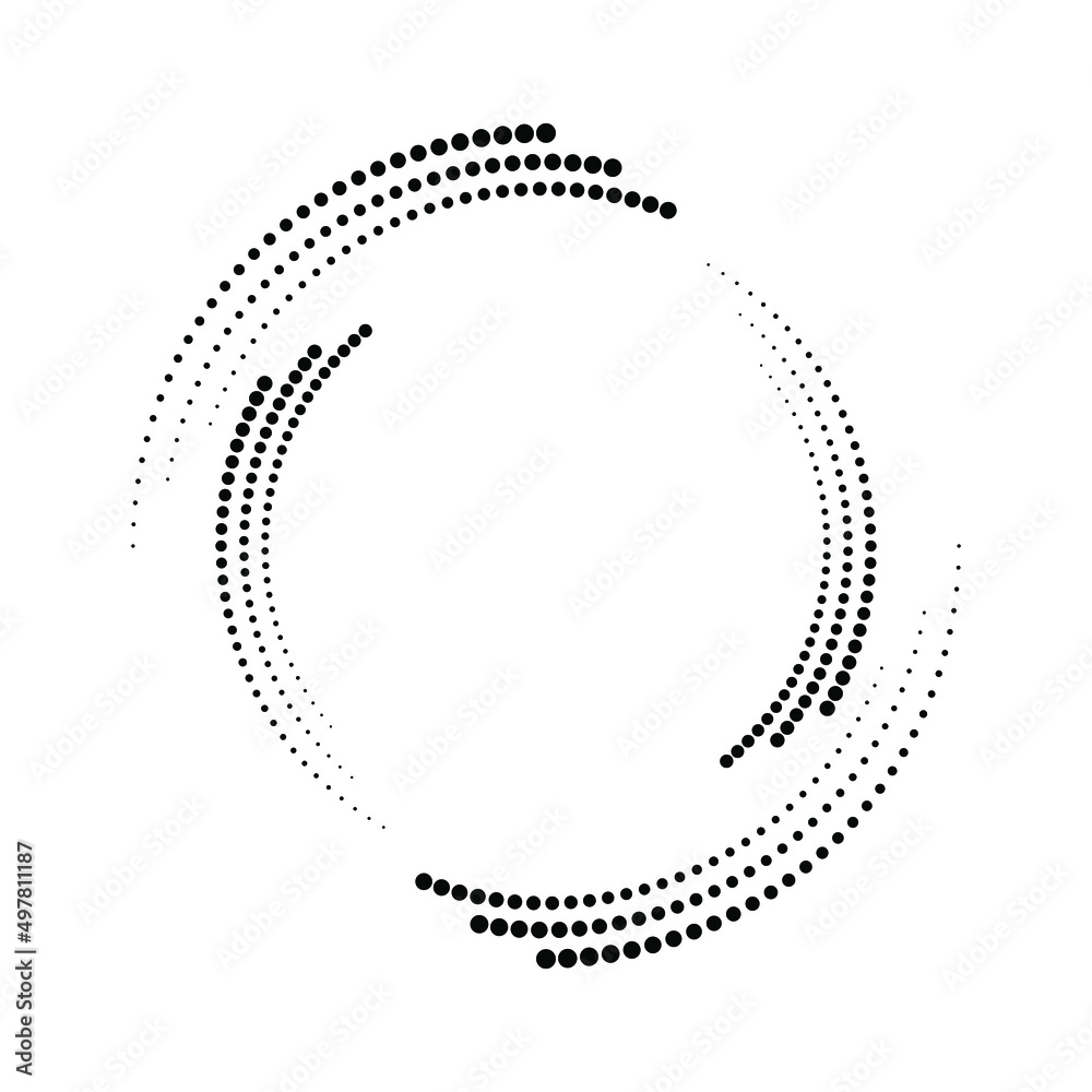 Black vector curvy dotted speed lines in circle form. Geometric art. Trendy design element for frame, logo, tattoo, sign, symbol, web, prints, posters, template, pattern and abstract background