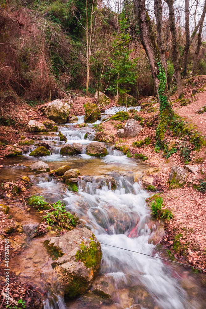 A torrent of silky water runs down a mountain trail after some rains. A torrent of silky water runs down a mountain trail after some rains.