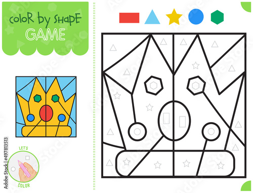Color by shape, educational game for children, cartoon style crown