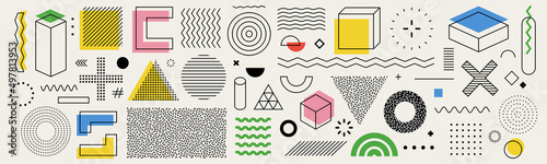 
Set of editable vector creative geometric abstract elements for graphic design, printing and UI. Triangles, squares, circles and other simple shapes with editable stroke weight.