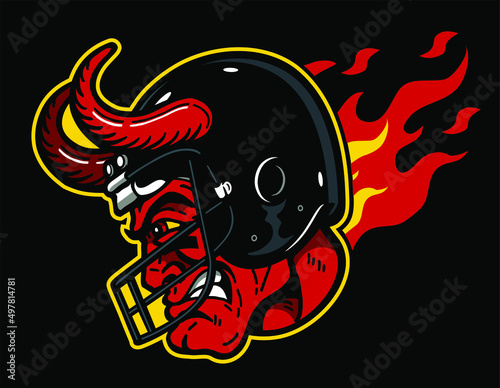 flaming devil mascot wearing football helmet for school, college or league