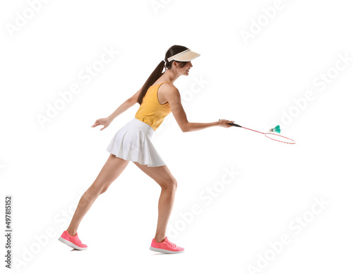 Sporty female badminton player on white background