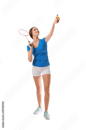 Sporty female badminton player on white background © Pixel-Shot