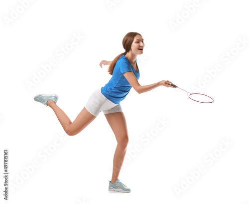Sporty female badminton player on white background © Pixel-Shot