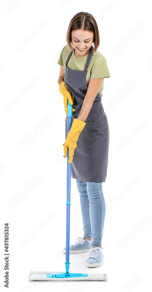 Beautiful young woman with floor mop on white background