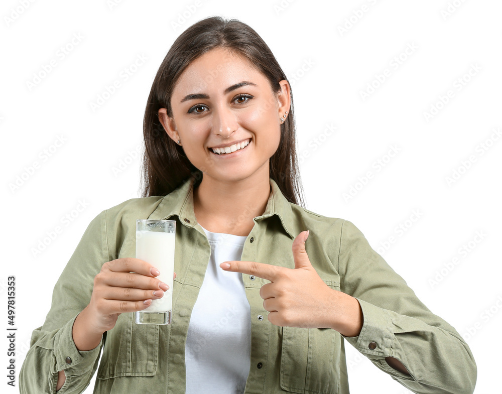 Young woman with glass of organic milk on white background Young woman with glass of organic milk on white background