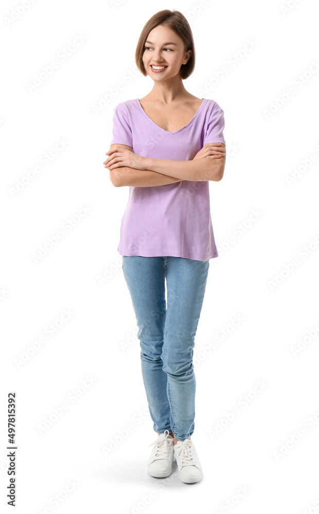 Beautiful young woman in stylish t-shirt on white background Beautiful young woman in stylish t-shirt on white background