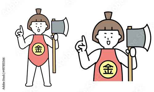 人差し指をたてているマサカリを持った昔話の金太郎(子供)のイラスト素材。