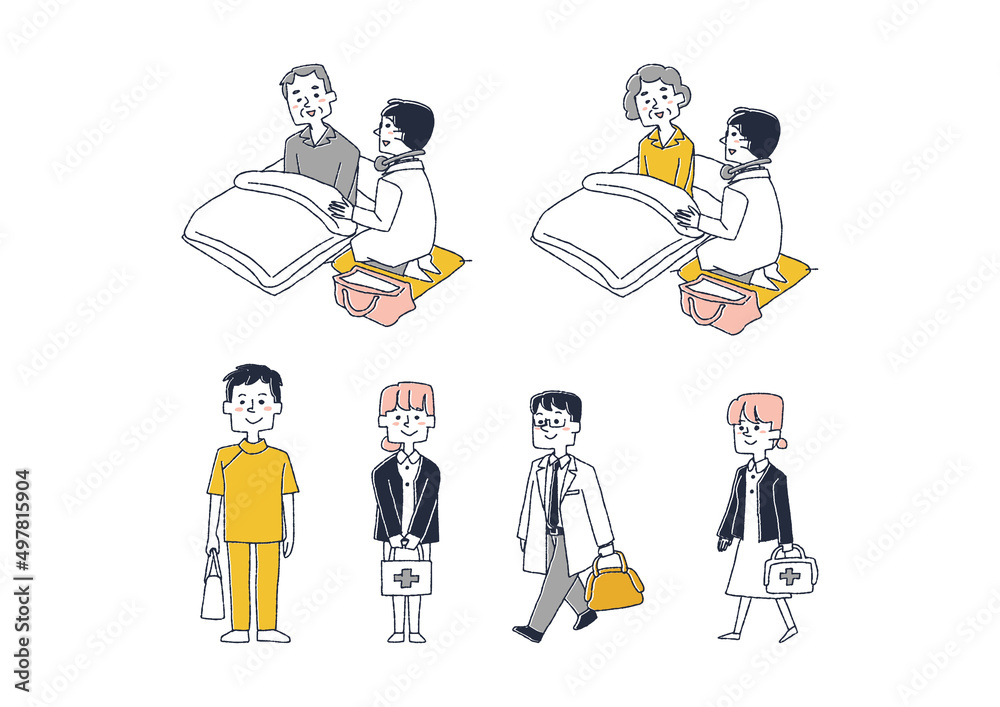 訪問医療に関するイラストセット　コミカルな手書きの人物　ベクター、線画にカラー