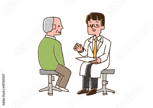 高齢男性の話を聞く医師　コミカルな手書きの人物　ベクター、線画にカラー