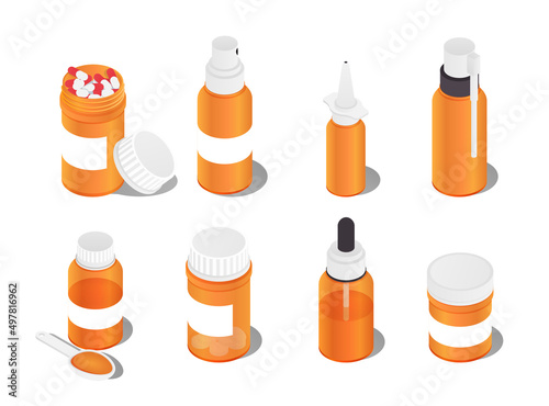 Set of bottles with medicine. Collection of tablets and pills, medicines for digestion. Pharmaceuticals and medical treatment. Cartoon isometric vector illustrations isolated on white background