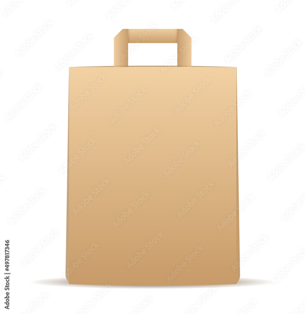 Paper packaging bag with handle. Care for nature, planet and environmentally friendly materials. Food delivery by courier, shopping and modern services. Cartoon isometric vector illustration Paper packaging bag with handle. Care for nature, planet and environmentally friendly materials. Food delivery by courier, shopping and modern services. Cartoon isometric vector illustration
