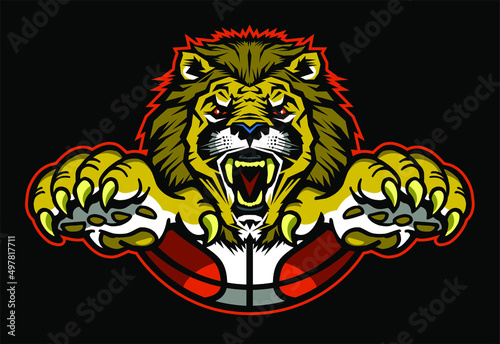 angry lion mascot with half basketball for school  college or league
