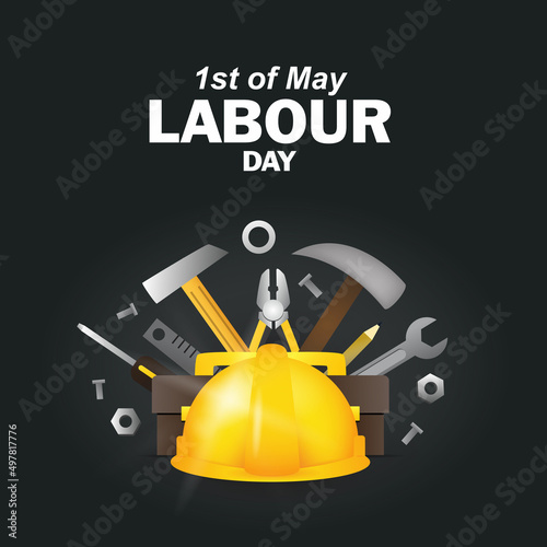 1 Mei happy labour day Simple poster or banner with 3D ilustration labor equipment on black background premium vector
