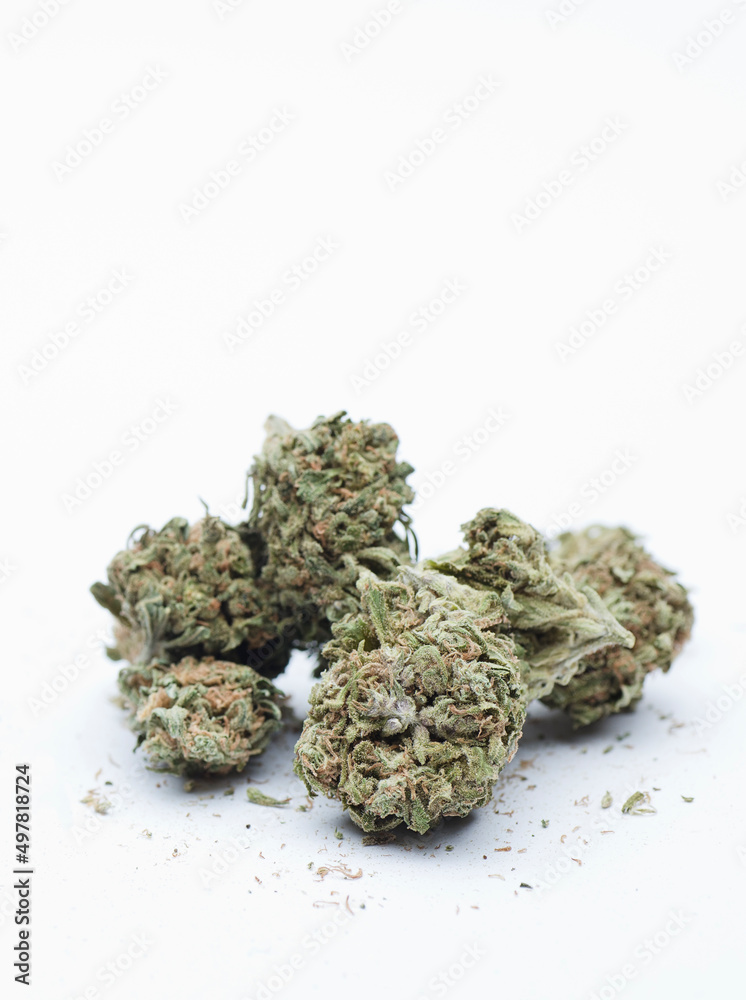 Set of marijuana buds, white background.