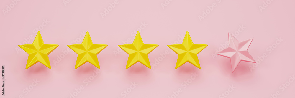 3d rendering, 3d illustration. Five stars on pink colors background. Customer rating feedback concept. Modern minimal concept.