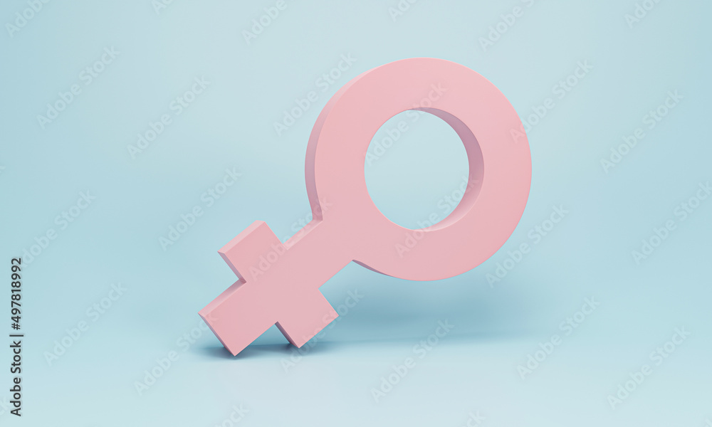 3d rendering, 3d illustration. Pink female gender sign, woman sex symbol on blue pastel background. Modern minimal design element concept. 3d rendering, 3d illustration. Pink female gender sign, woman sex symbol on blue pastel background. Modern minimal design element concept.