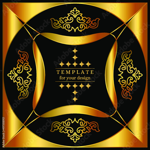 Luxury Decorative Square Template for your design. Ornamental elements and motifs of Kazakh, Kyrgyz, Uzbek, national Asian decor Vector. Nomadic ethnic stamp style. Asian gold ornaments. 