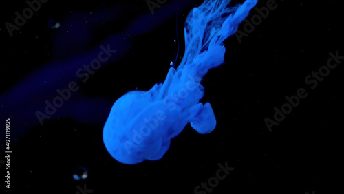Beautiful ink underwater on black background. Stock footage. Bright cloud of ink moves in water. Splash and spread of ink in clear water