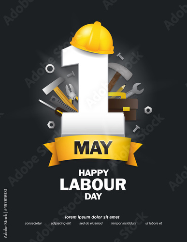 Print1 Mei happy labour day elegant poster or banner with 3D ilustration labor equipment on black background premium vector