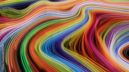 Wavy Swoosh Background with Orange, Pink and Green Stripes. 3D Render. photo