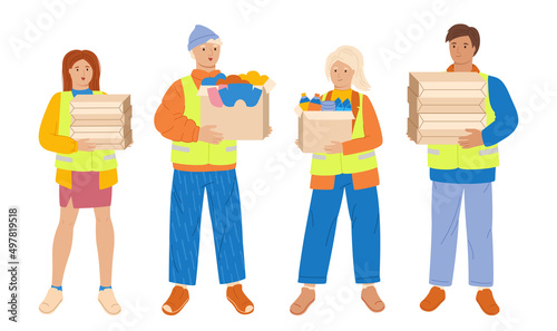 Volunteers with donations volunteering concept. Helping poor refugees for Ukraine. Charity diverse people young students, altruistic activity character. Philanthropy, kindness outline cartoon vector