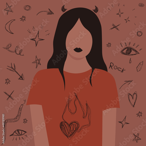 Portrait of a rebel girl in minimalism style.A female silhouette surrounded by esoteric and rock elements. Clipart, vector flat illustration drawn by hand