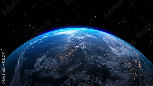 Photography Planet earth with realistic geography surface and orbital 3D cloud atmosphere
