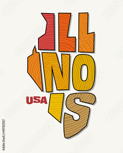 State of Illinois with the name distorted into state shape. Pop art style vector illustration for stickers, t-shirts, posters, social media and print media.