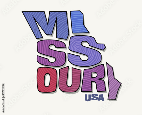 State of Missouri with the name distorted into state shape. Pop art style vector illustration for stickers, t-shirts, posters, social media and print media.