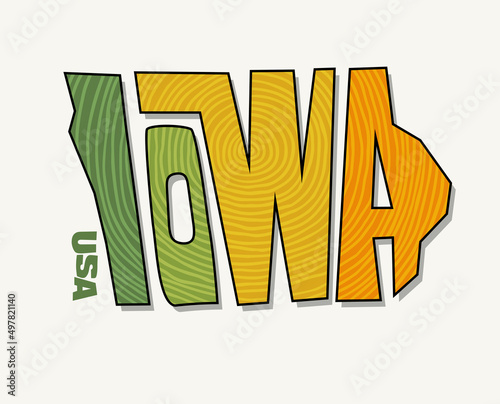 State of Iowa with the name distorted into state shape. Pop art style vector illustration for stickers, t-shirts, posters, social media and print media.