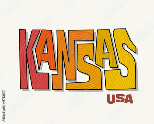 State of Kansas with the name distorted into state shape. Pop art style vector illustration for stickers, t-shirts, posters, social media and print media.