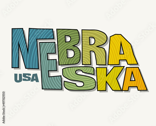 State of Nebraska with the name distorted into state shape. Pop art style vector illustration for stickers, t-shirts, posters, social media and print media.