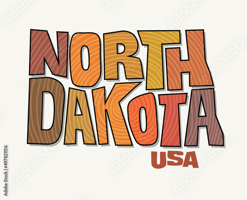 State of North Dakota with the name distorted into state shape. Pop art style vector illustration for stickers, t-shirts, posters, social media and print media.