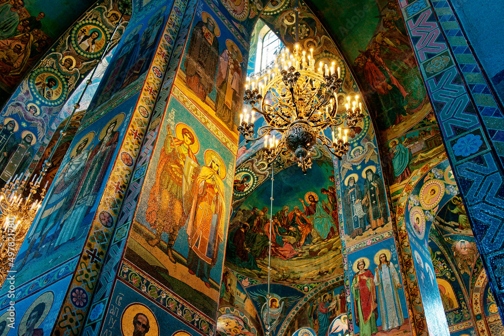 Saint Petersburg Russia. Russian Orthodox Church of the Saviour on Spilled Blood. Interior mosaics beneath the central dome