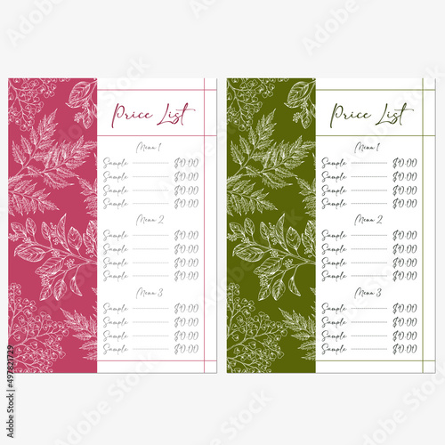 set of price list template designs with hand drawn illustration of herbs