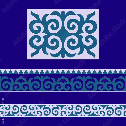Set of 2 seamless border and vector ornamental elements with motifs of Kazakh, Kyrgyz, Uzbek, national Asian decor for borders, textile, plate, tile, and print design. Workpiece for your design.